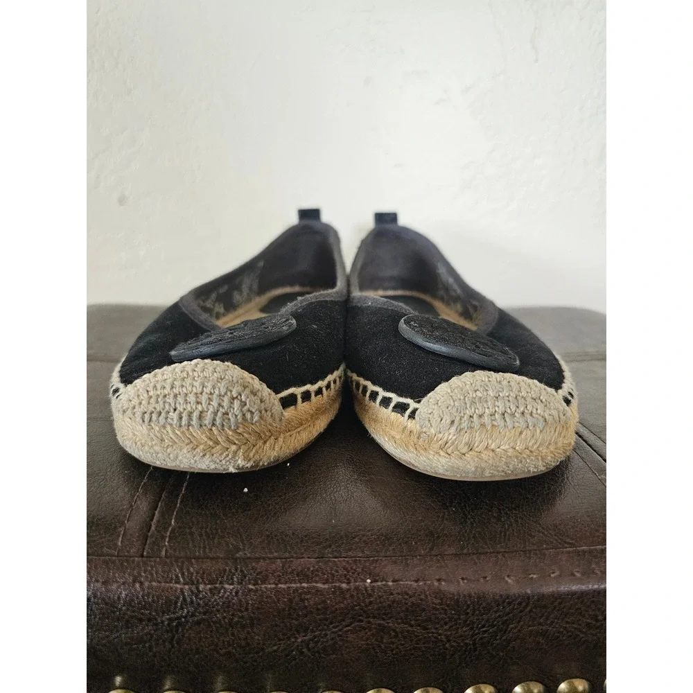 TORY BURCH BLACK‎ SUEDE BOHEMIAN CHIC FLAT CAP TOE ESPADRILLE FLATS SZ 7.5